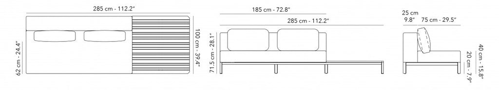 Afmeting Mauroo sofa + tafel zonder arm