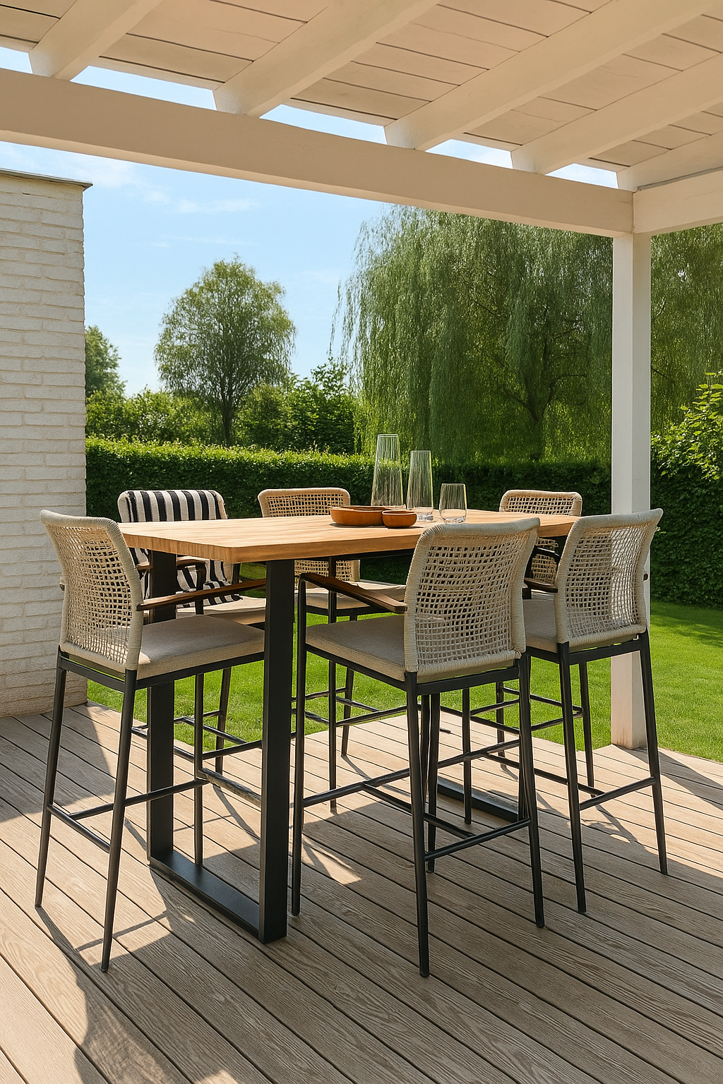 plank zwart + 6 elite barstoelen