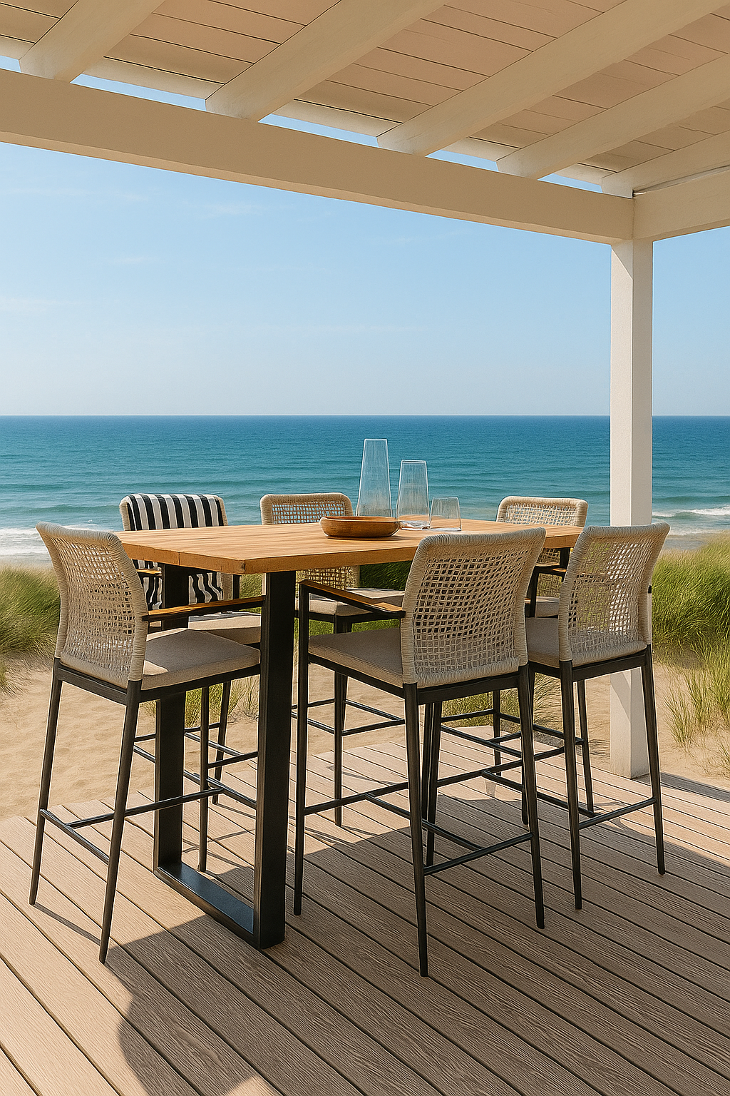 plank zwart +  elite barstoelen beach background